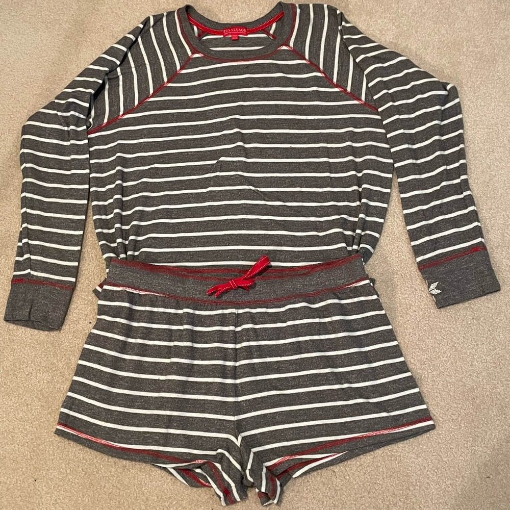 P.J. Salvage Gray and Red Striped Women’s Pajama Set